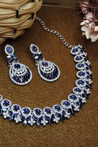 Blue rhodium premium designer american diamond and stone work necklace set