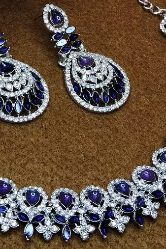 Blue rhodium premium designer american diamond and stone work necklace set