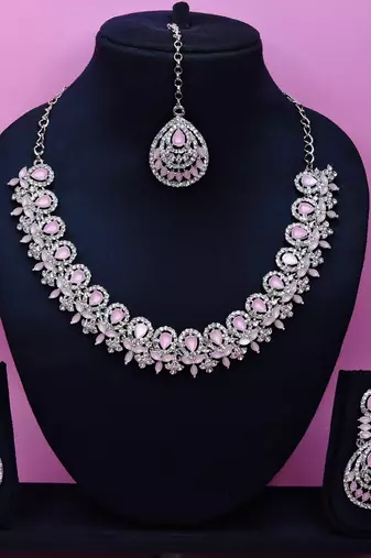 Pink rhodium premium designer american diamond and stone work necklace set