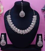 Pink rhodium premium designer american diamond and stone work necklace set