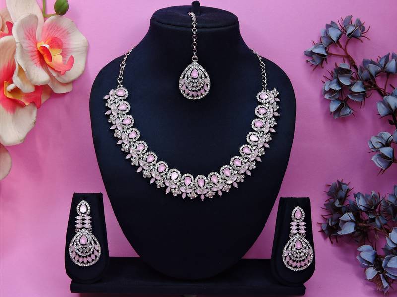 Pink rhodium premium designer american diamond and stone work necklace set