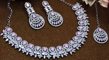 Pink rhodium premium designer american diamond and stone work necklace set 2