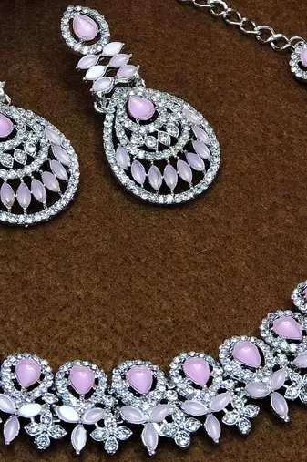 Pink rhodium premium designer american diamond and stone work necklace set