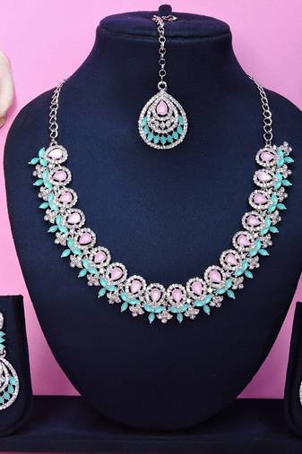 Green rhodium premium designer american diamond and stone work necklace set