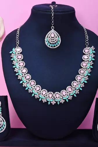 Green rhodium premium designer american diamond and stone work necklace set