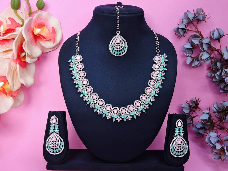Green rhodium premium designer american diamond and stone work necklace set