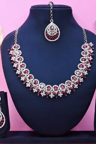 Purple rhodium premium designer american diamond and stone work necklace set