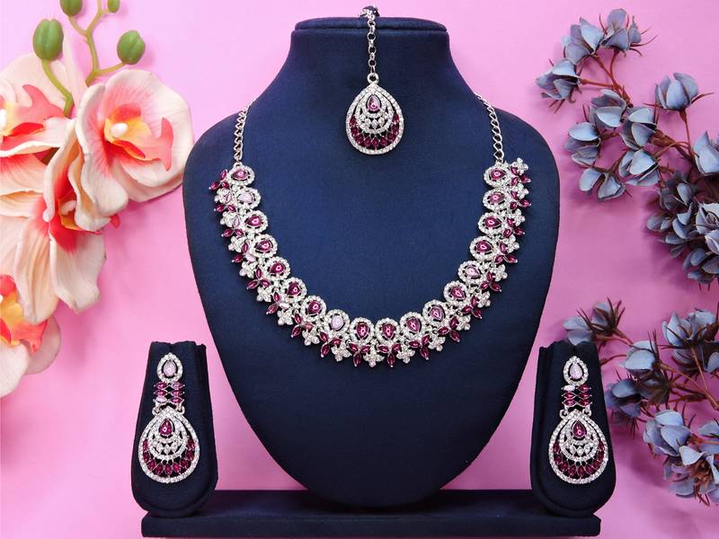 Purple rhodium premium designer american diamond and stone work necklace set