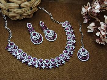 Purple rhodium premium designer american diamond and stone work necklace set 2