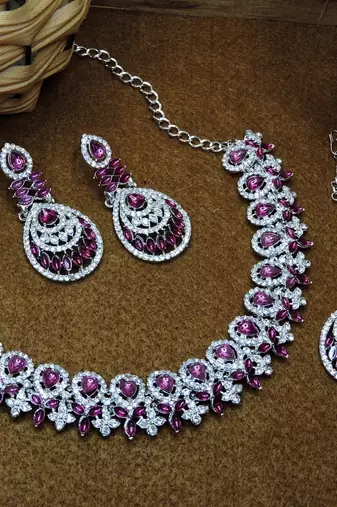 Purple rhodium premium designer american diamond and stone work necklace set
