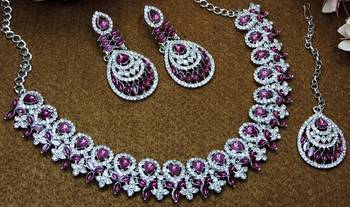 Purple rhodium premium designer american diamond and stone work necklace set 3