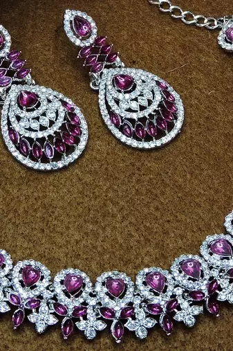 Purple rhodium premium designer american diamond and stone work necklace set