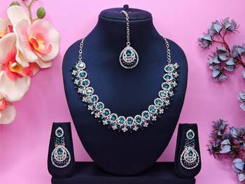 Blue rhodium premium designer american diamond and stone work necklace set 1