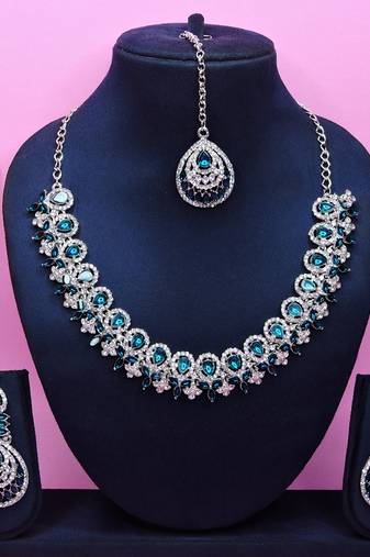 Blue rhodium premium designer american diamond and stone work necklace set