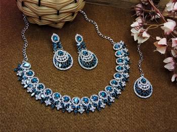 Blue rhodium premium designer american diamond and stone work necklace set 2
