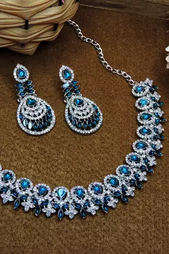 Blue rhodium premium designer american diamond and stone work necklace set