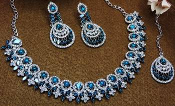 Blue rhodium premium designer american diamond and stone work necklace set 3