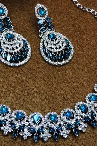 Blue rhodium premium designer american diamond and stone work necklace set