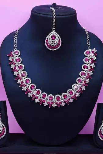 Pink rhodium premium designer american diamond and stone work necklace set