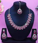 Pink rhodium premium designer american diamond and stone work necklace set