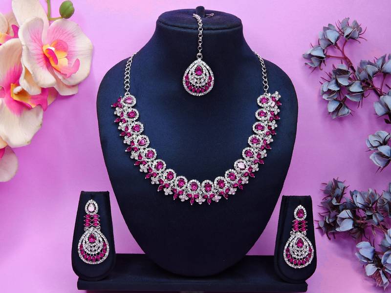 Pink rhodium premium designer american diamond and stone work necklace set