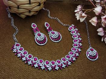 Pink rhodium premium designer american diamond and stone work necklace set 2
