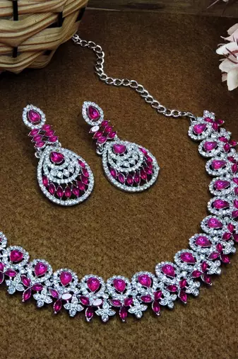 Pink rhodium premium designer american diamond and stone work necklace set