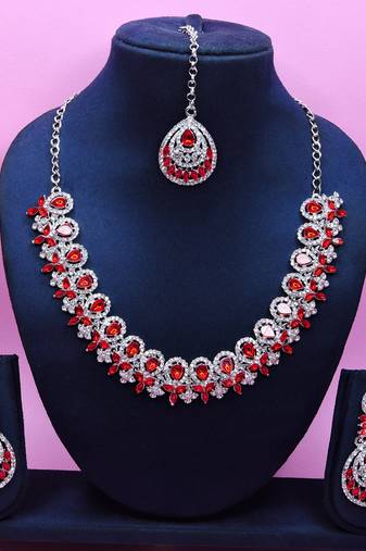 Red rhodium premium designer american diamond and stone work necklace set