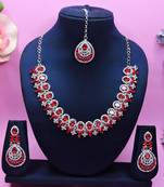 Red rhodium premium designer american diamond and stone work necklace set