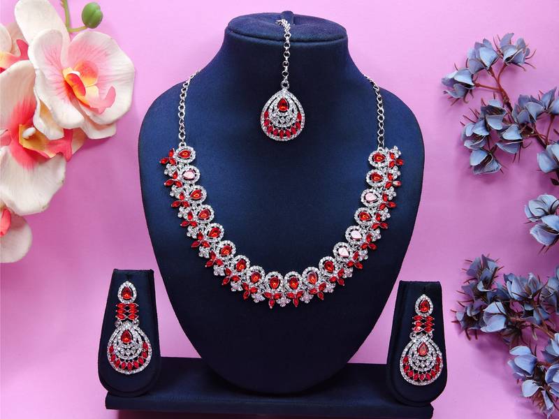 Red rhodium premium designer american diamond and stone work necklace set