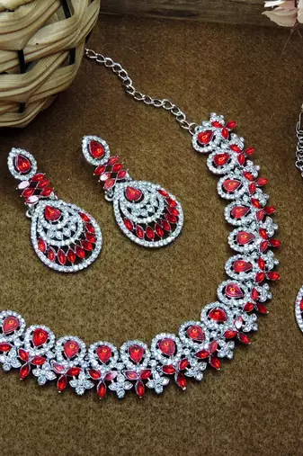 Red rhodium premium designer american diamond and stone work necklace set