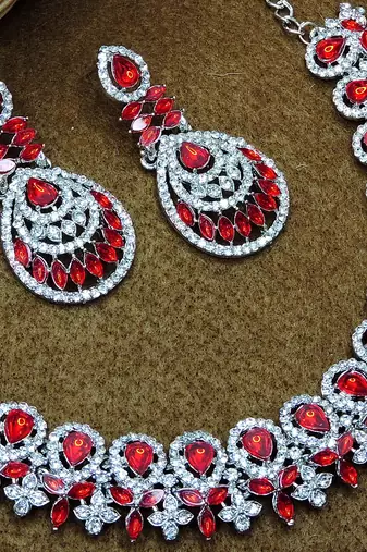 Red rhodium premium designer american diamond and stone work necklace set