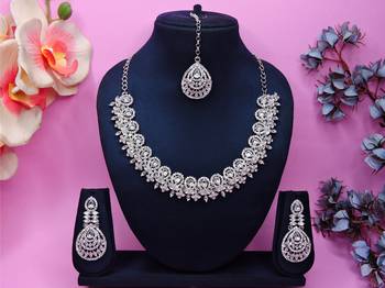 White rhodium premium designer american diamond and stone work necklace set 1