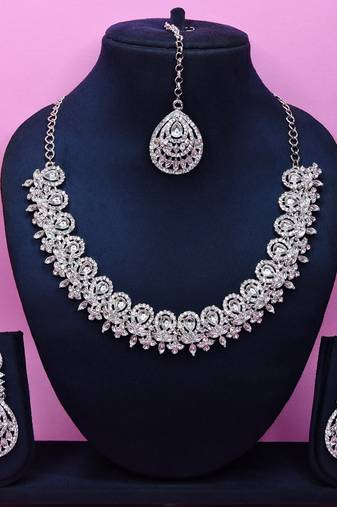 White rhodium premium designer american diamond and stone work necklace set