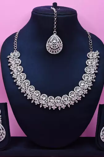 White rhodium premium designer american diamond and stone work necklace set