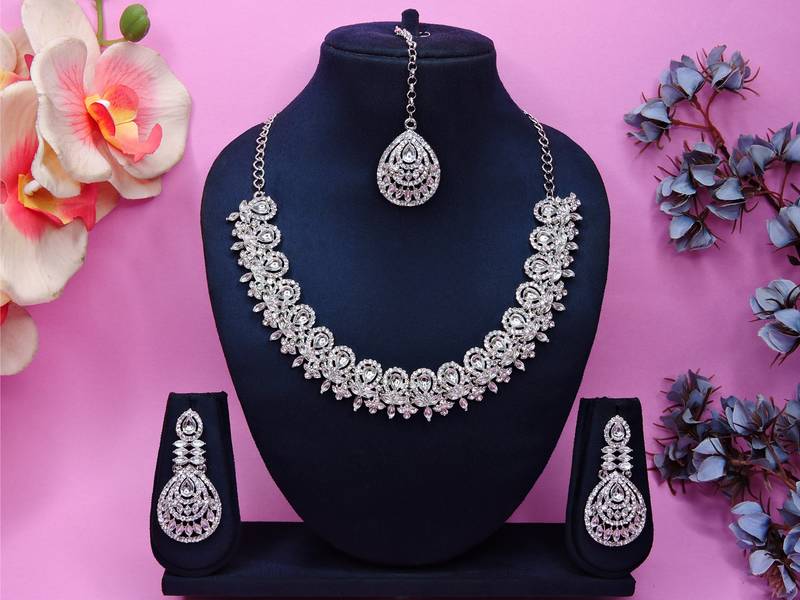 White rhodium premium designer american diamond and stone work necklace set