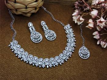 White rhodium premium designer american diamond and stone work necklace set 2