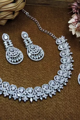 White rhodium premium designer american diamond and stone work necklace set