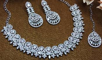 White rhodium premium designer american diamond and stone work necklace set 3