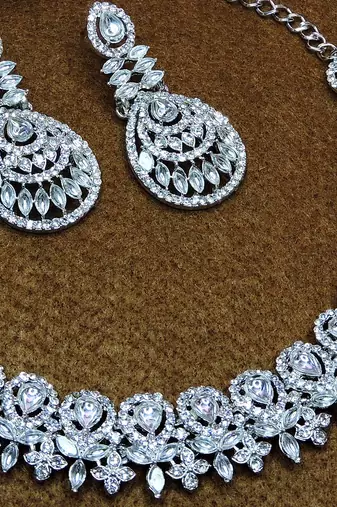 White rhodium premium designer american diamond and stone work necklace set