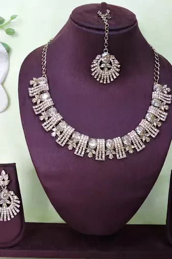 Gold yellow gold premium designer american diamond and stone work necklace set