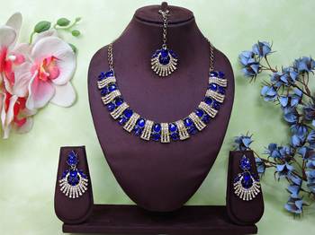 Blue yellow gold premium designer american diamond and stone work necklace set 1