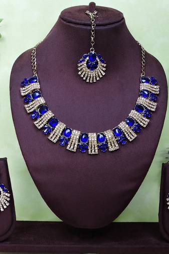 Blue yellow gold premium designer american diamond and stone work necklace set