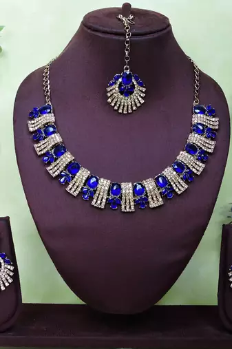 Blue yellow gold premium designer american diamond and stone work necklace set