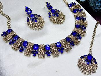 Blue yellow gold premium designer american diamond and stone work necklace set 2