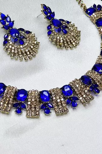 Blue yellow gold premium designer american diamond and stone work necklace set