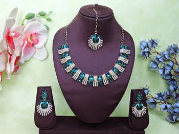 Green yellow gold premium designer american diamond and stone work necklace set 1