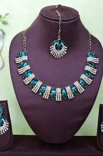 Green yellow gold premium designer american diamond and stone work necklace set