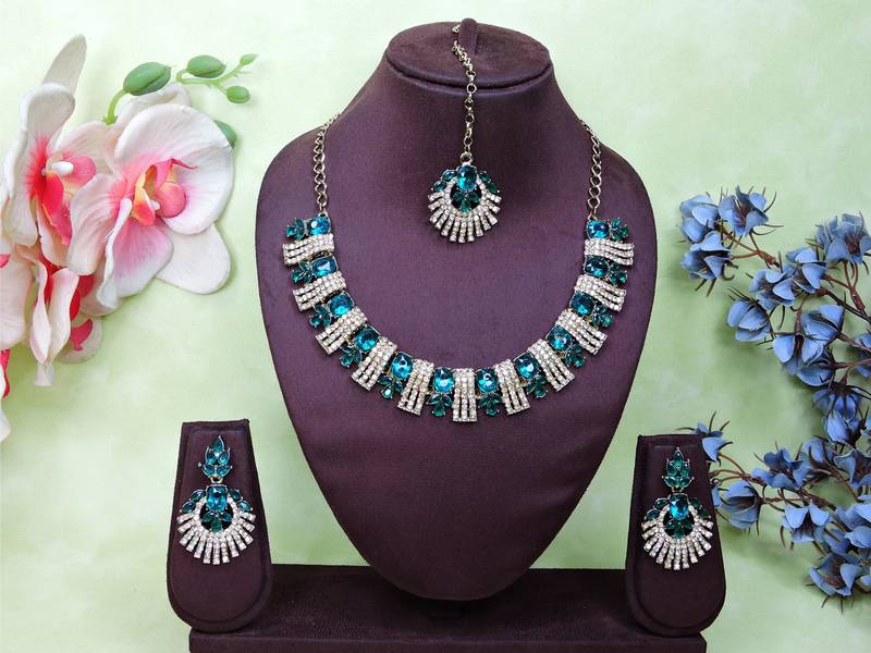 Green yellow gold premium designer american diamond and stone work necklace set