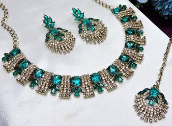 Green yellow gold premium designer american diamond and stone work necklace set 2